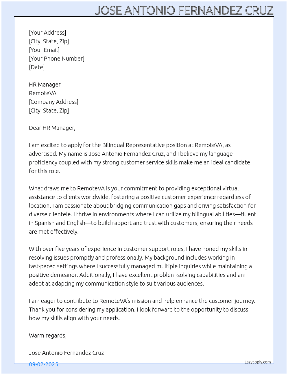 Cover letter for bilingual representative - LazyApply