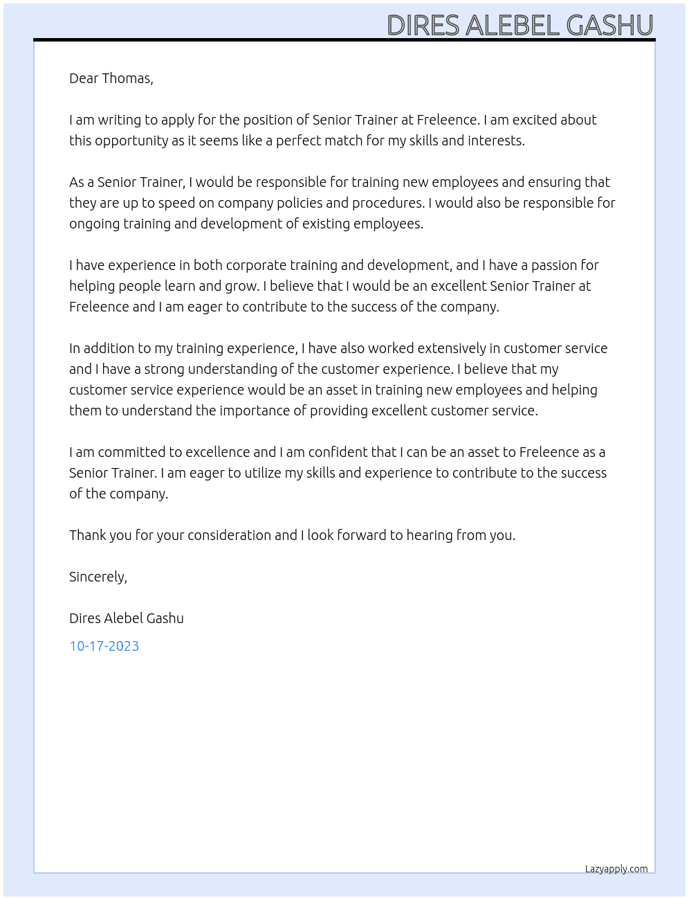 Senior Trainer At Freleence  Cover Letter