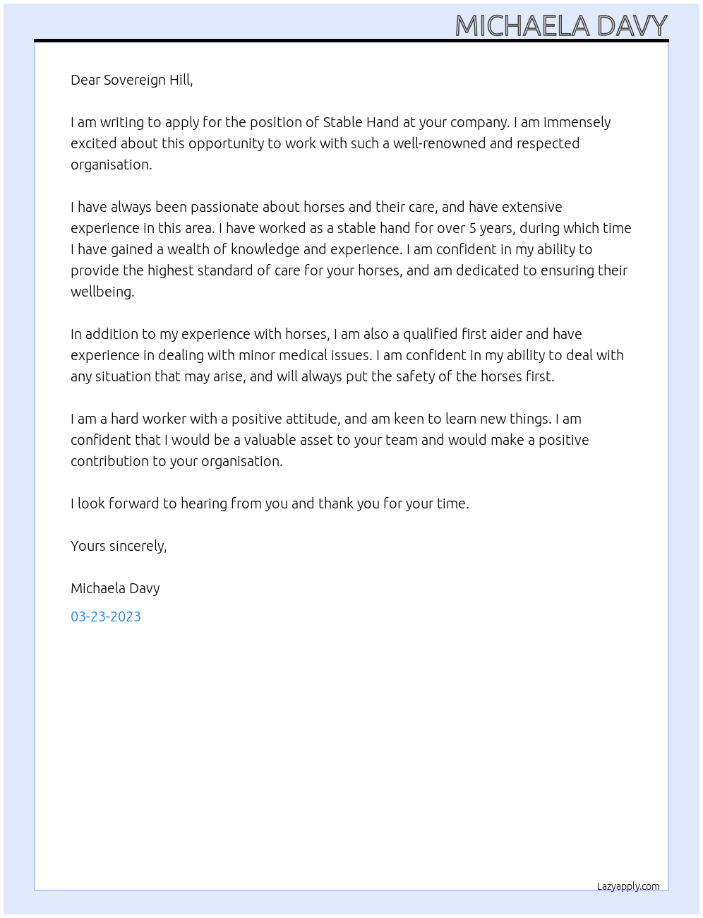 Stable Hand At  Sovereign Hill Cover Letter