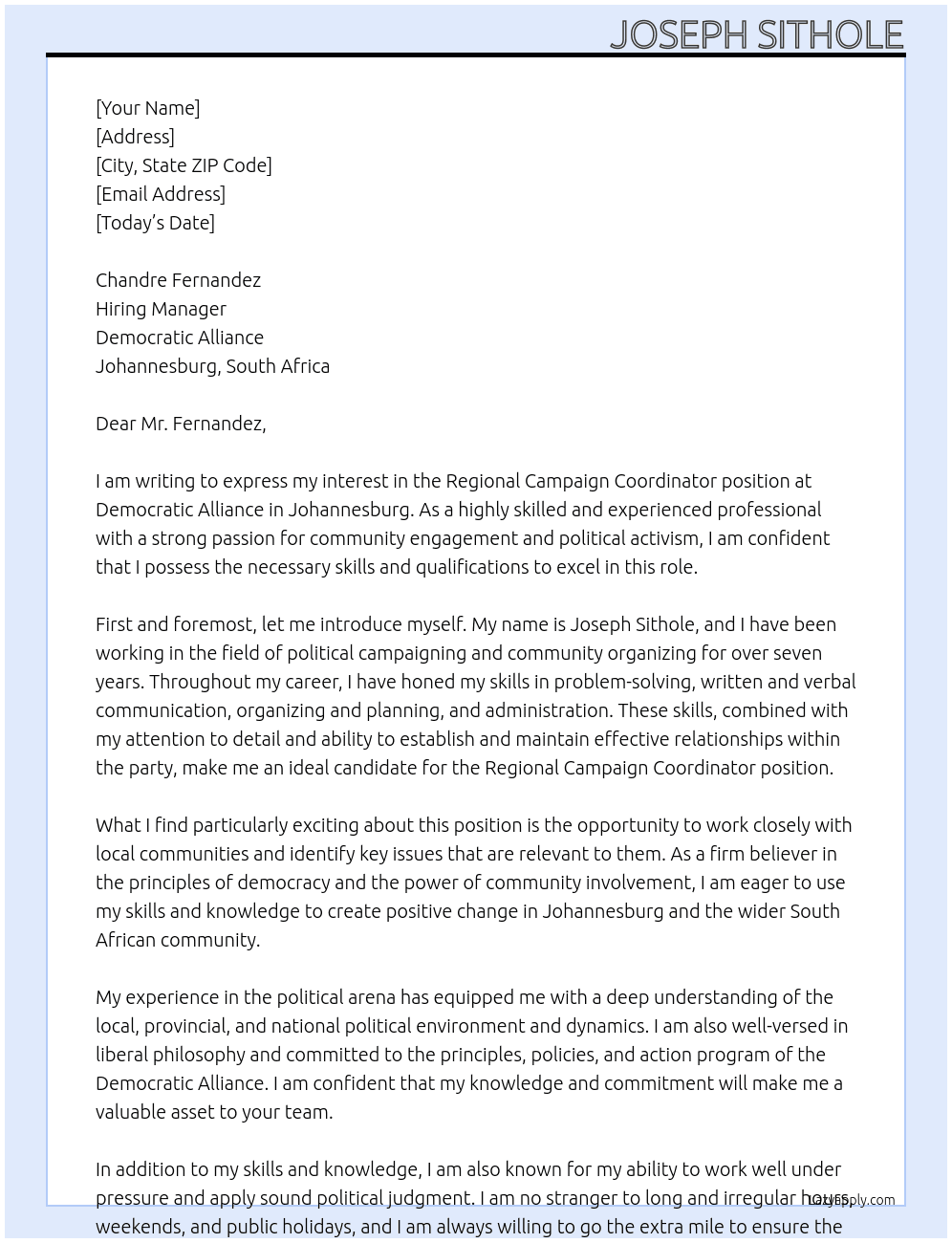 Regional Campaign Coordinator: Johannesburg At DEMOCRATIC ALLIANCE Cover Letter