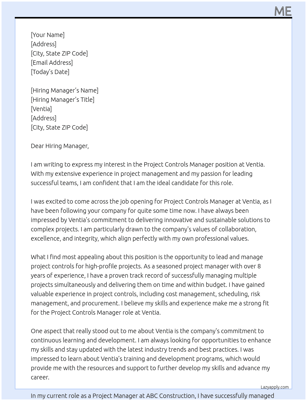 Project Controls Manager At ventia Cover Letter