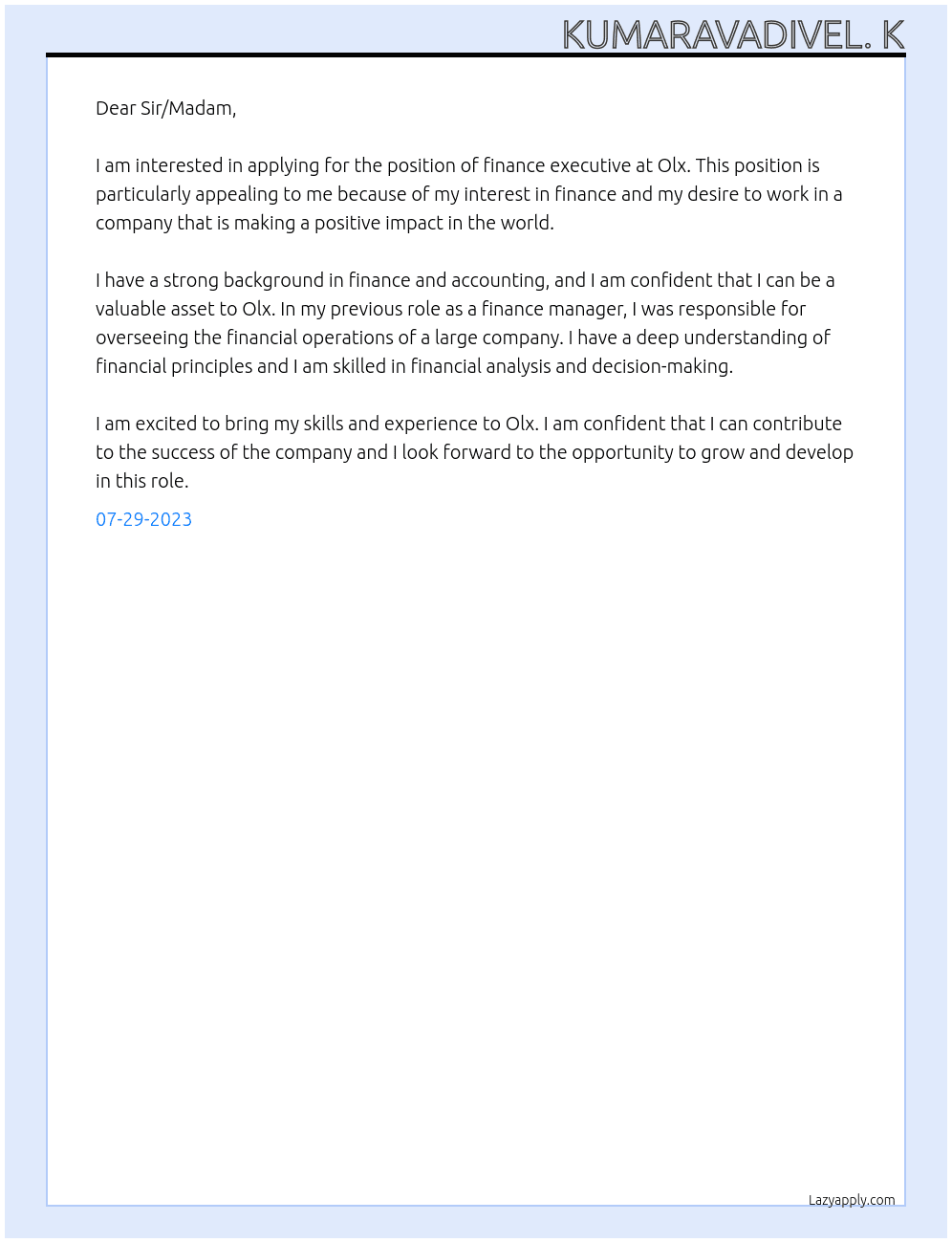 Finance executive  At Olx Cover Letter