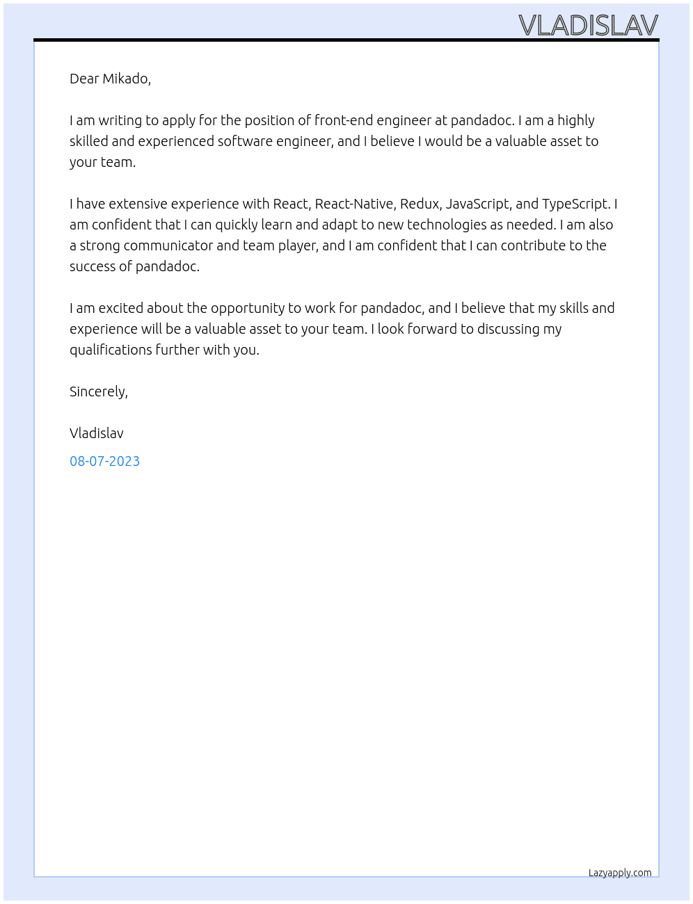 front-end engineer At pandadoc Cover Letter
