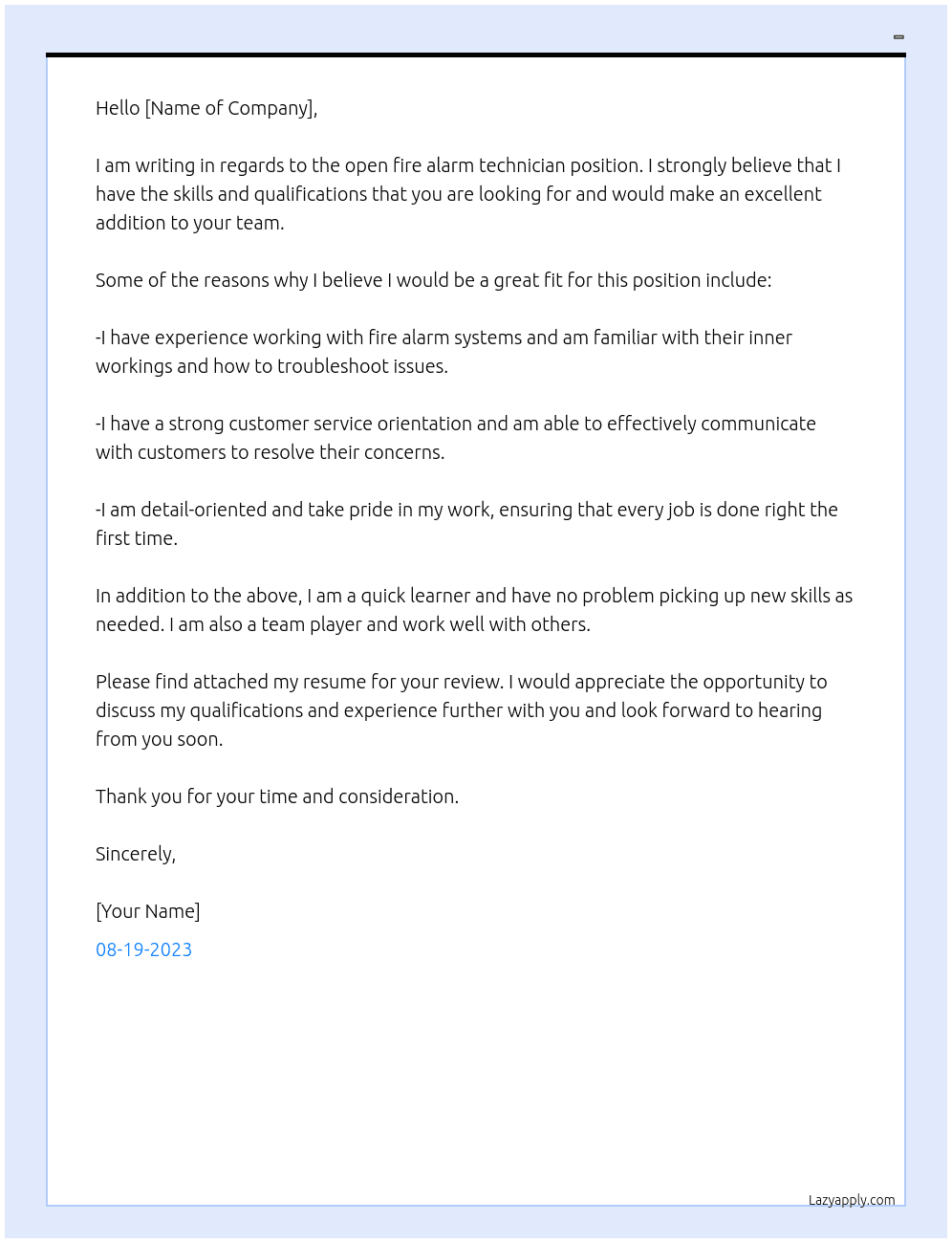 Fire alarm technician At - Cover Letter