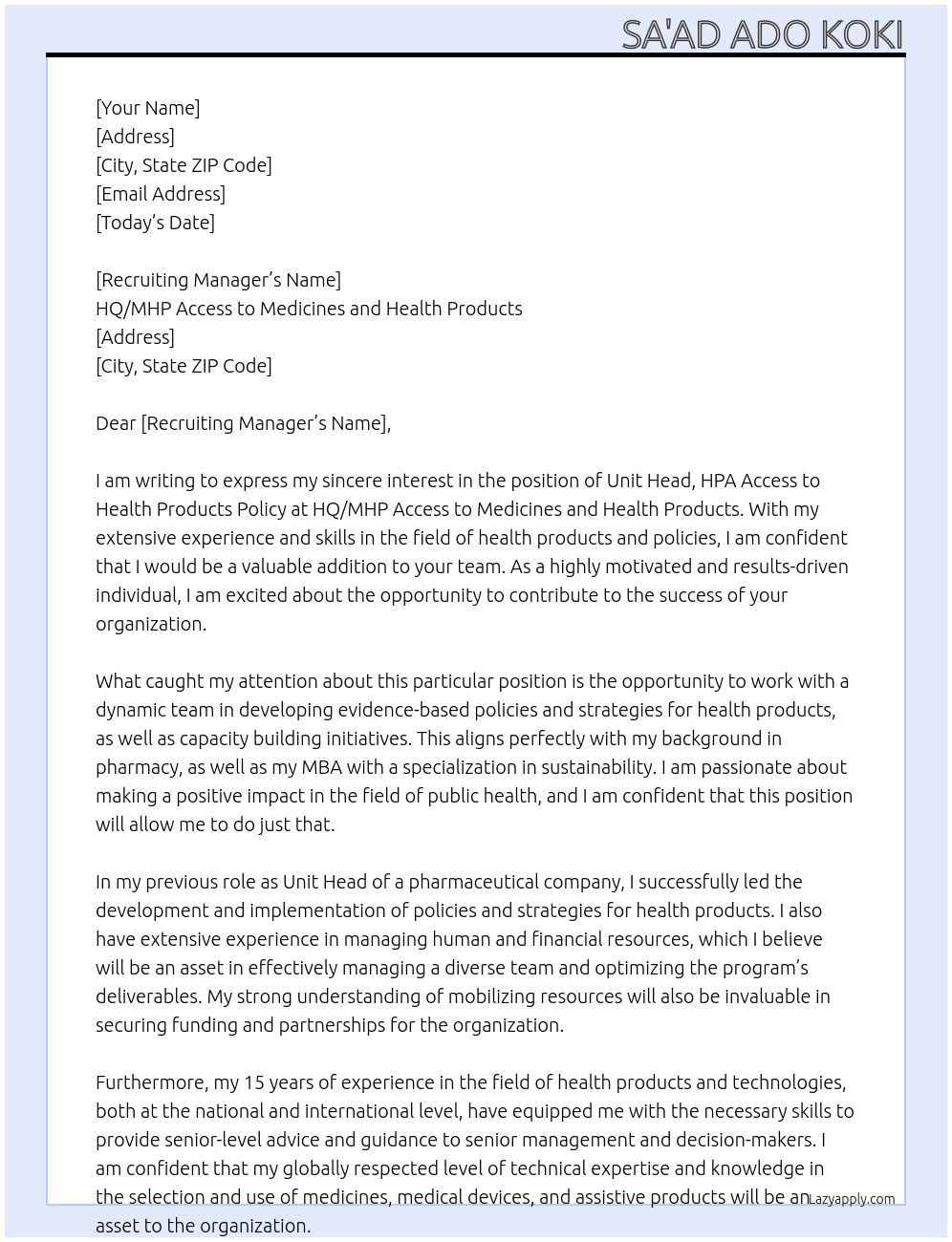 Unit Head, HPA Access to Health Products Policy - (2407421)   At HQ/MHP Access to Medicines and Health Products Cover Letter