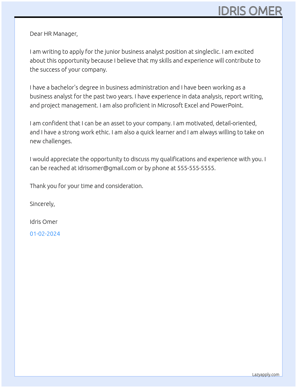 junior business analyst At singleclic Cover Letter