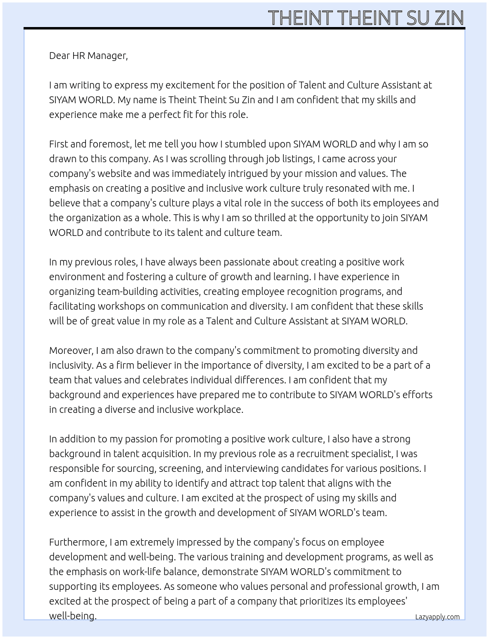 Talent and culture assistant  At SIYAM WORLD Cover Letter