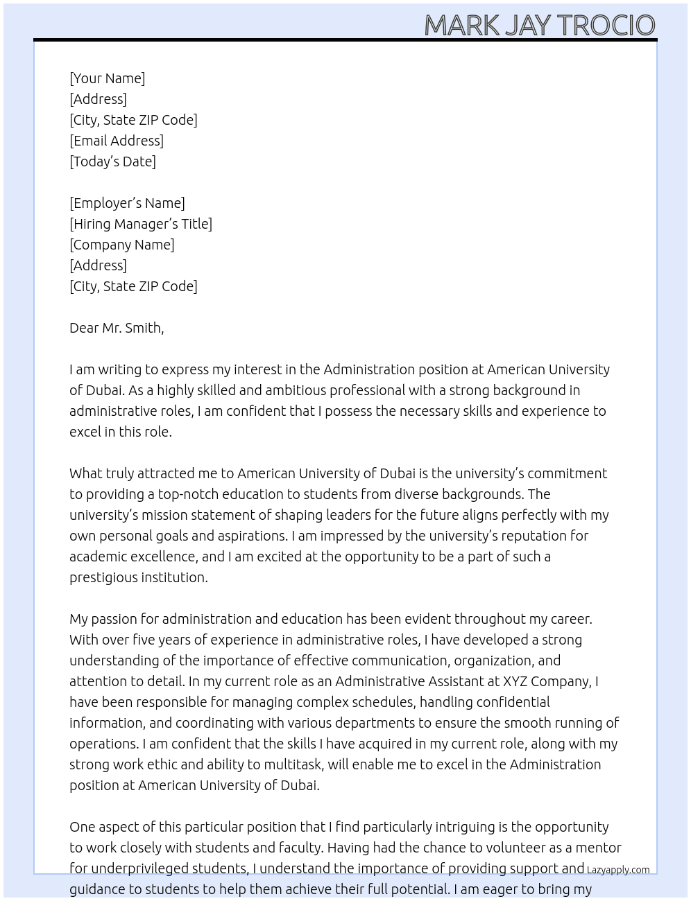 Administration  At American University of Dubai Cover Letter
