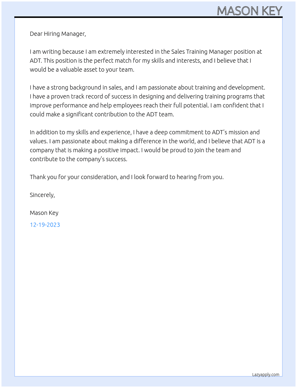 Sales Training Manager At ADT  Cover Letter