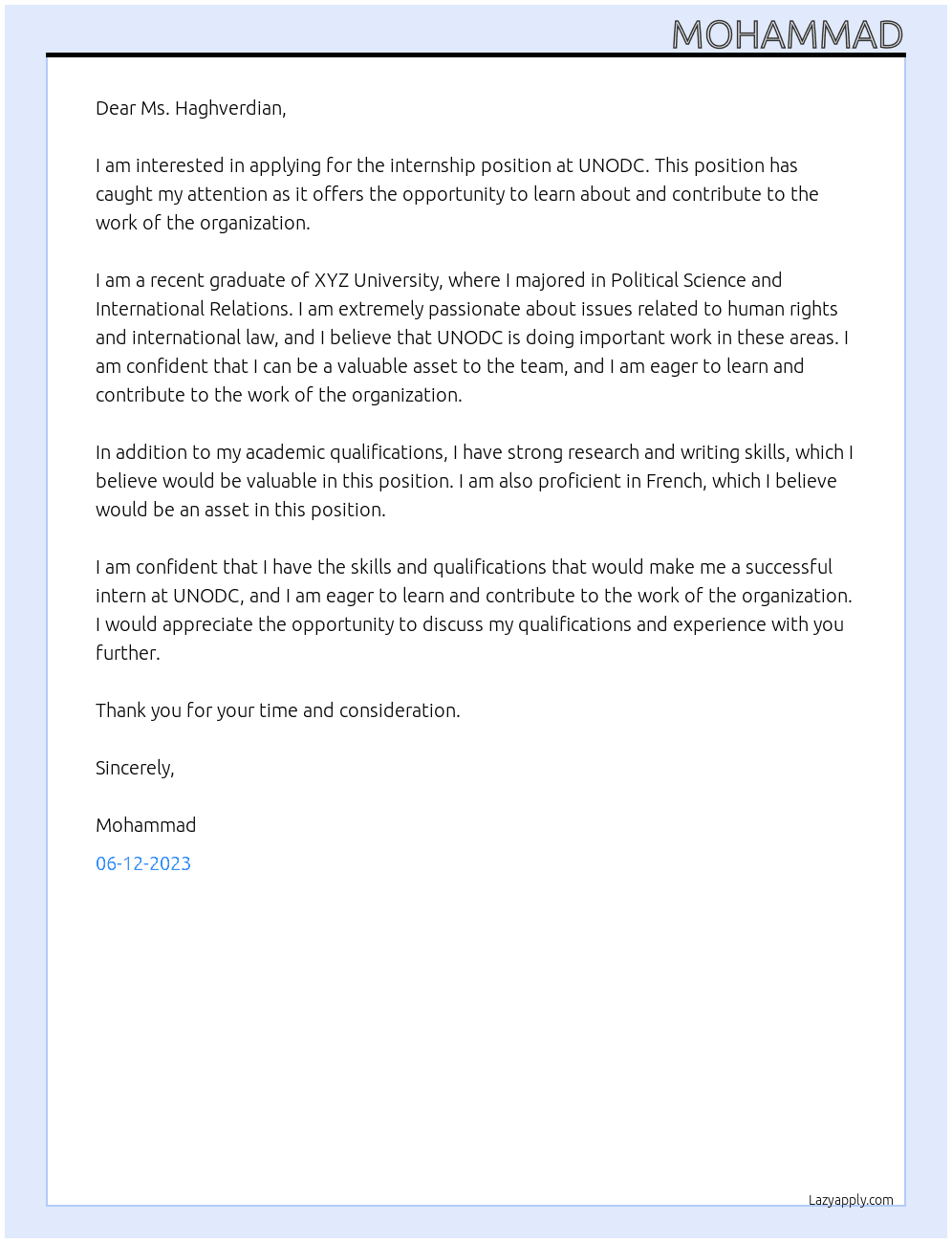 Intern At UNODC Cover Letter