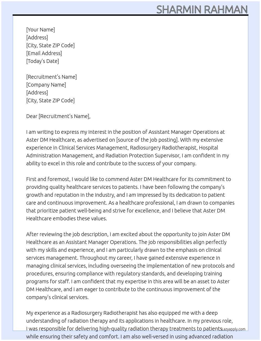 Assistant Manager Operations At Aster DM Healthcare Cover Letter