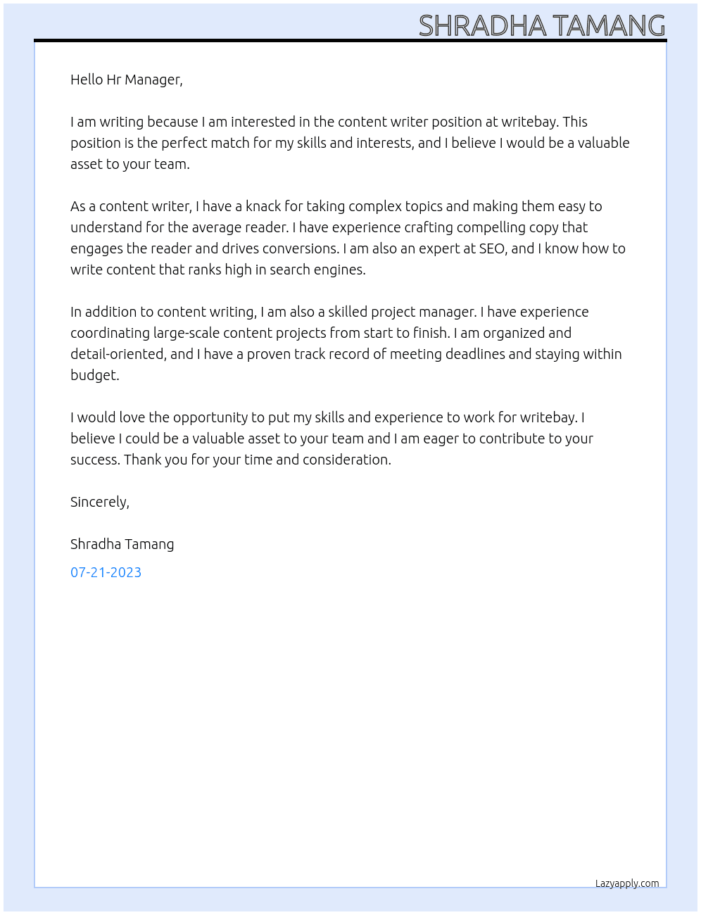 content writer At writebay Cover Letter