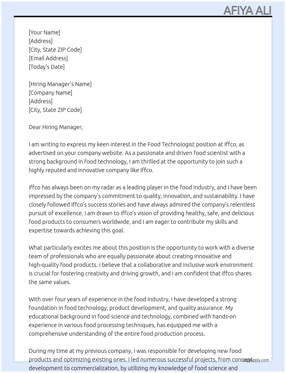 Food technologist  At Iffco Cover Letter