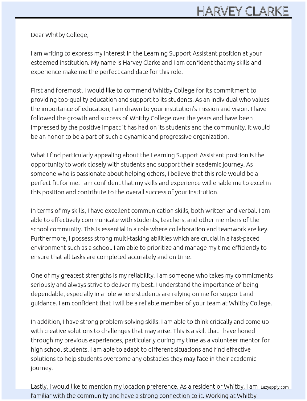 Learning support assistant  At Whitby college  Cover Letter