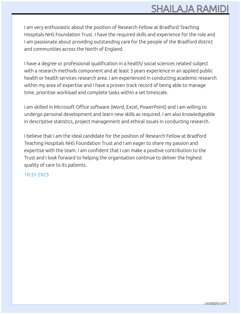 Research Fellow At Bradford Teaching Hospitals NHS Foundation Trust Cover Letter