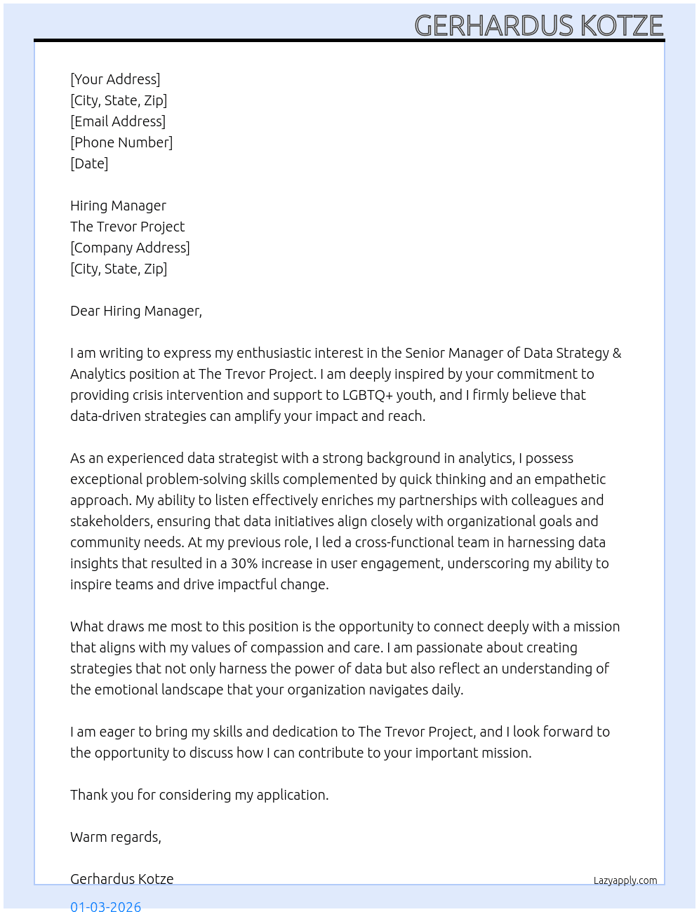 Cover letter for senior manager of data strategy & analytics - LazyApply