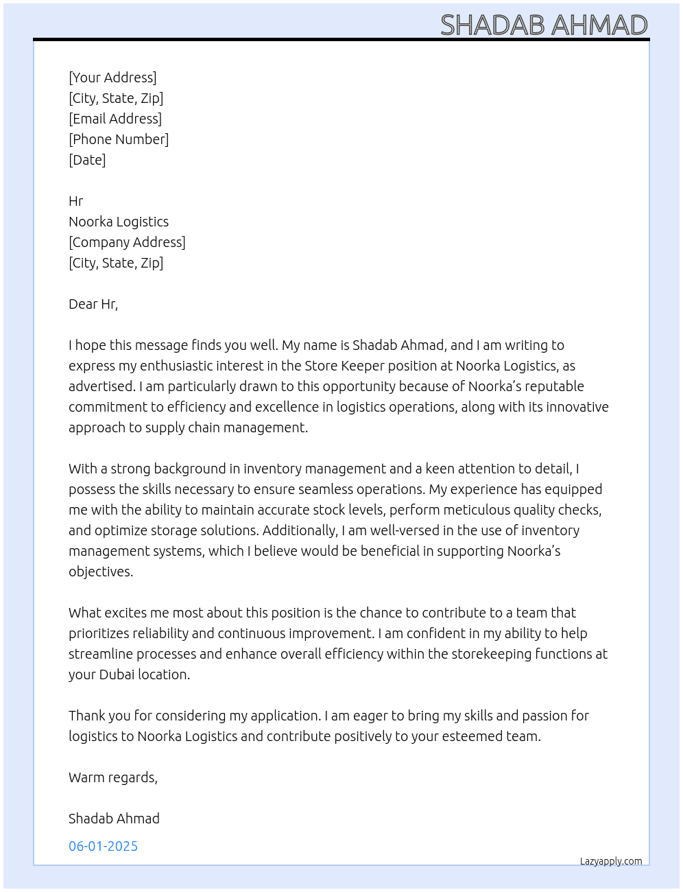 Store keeper At Noorka logistics  Cover Letter