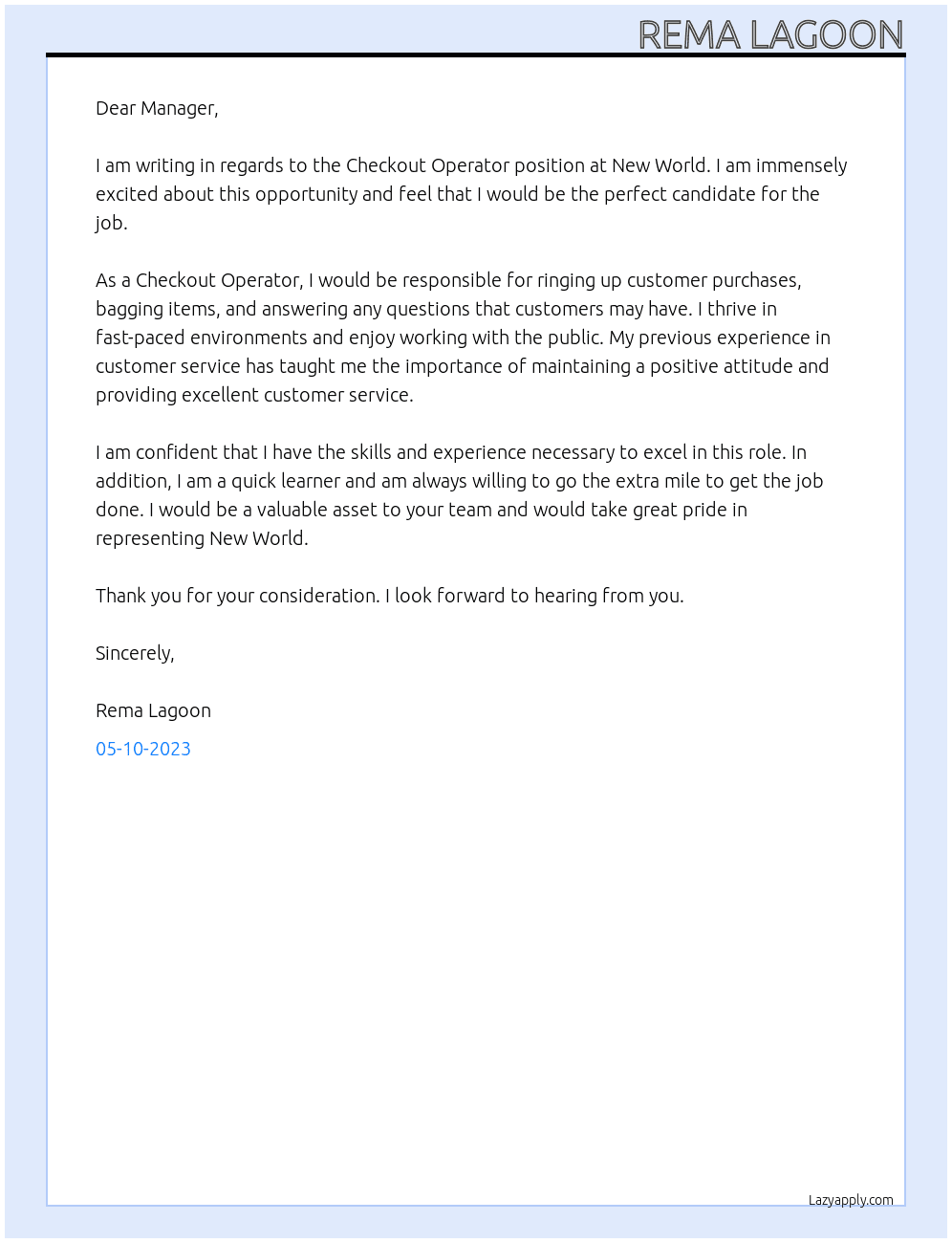 Checkout operator At New world Cover Letter