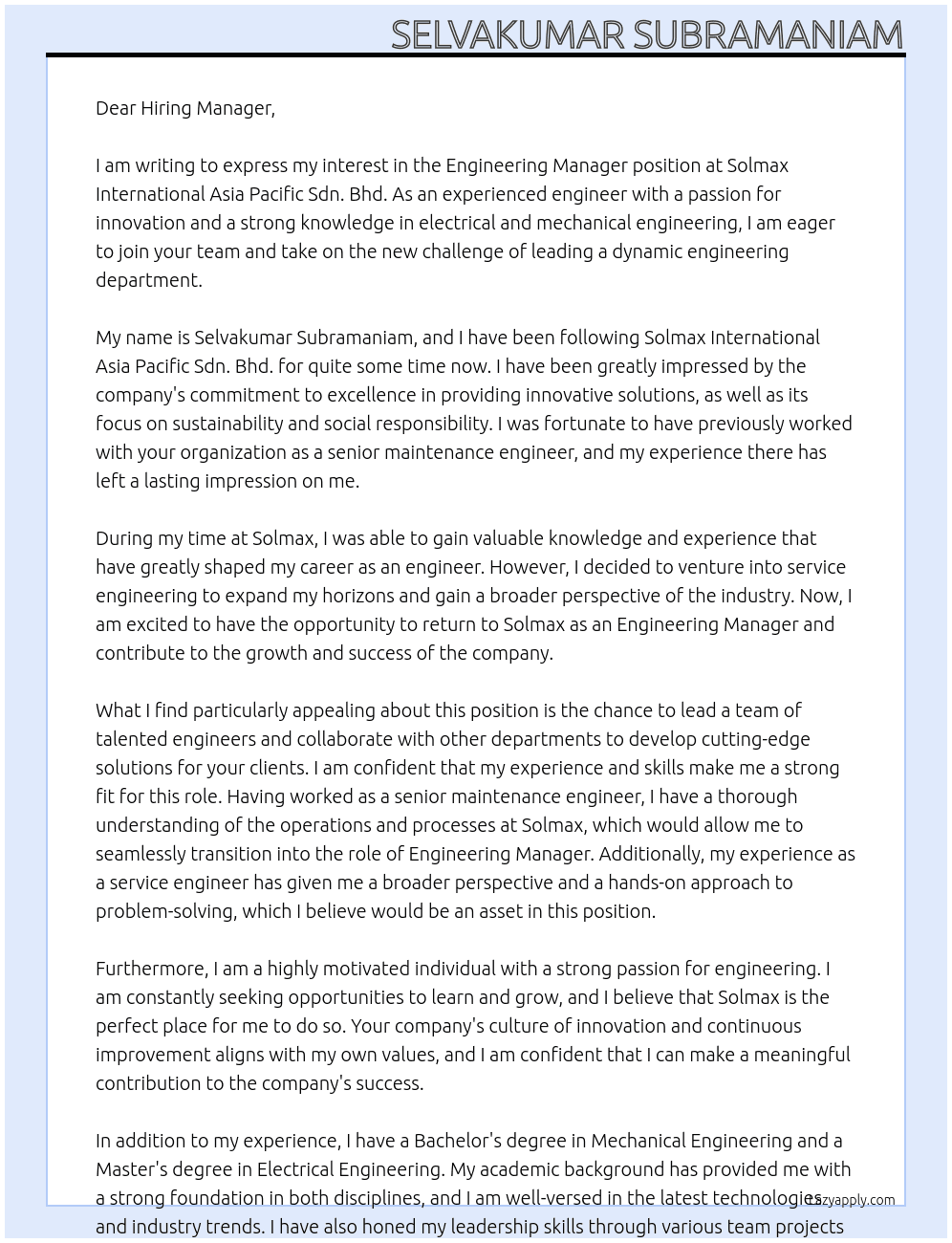 Engineering Manager At Solmax International asia pacific Sdn. Bhd Cover Letter
