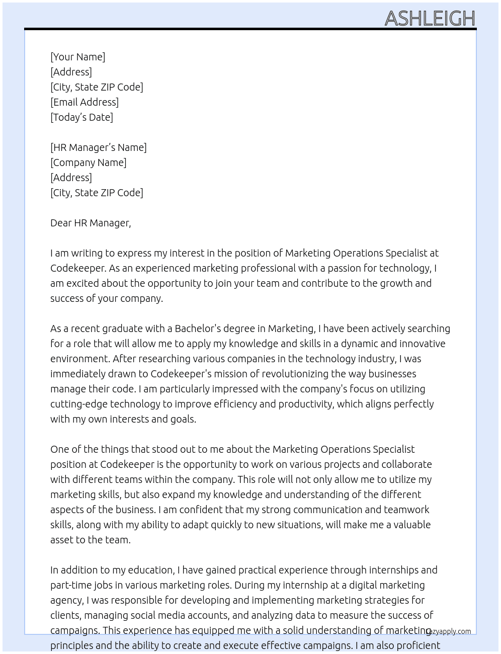 Marketing Operations Specialist At Codekeeper Cover Letter