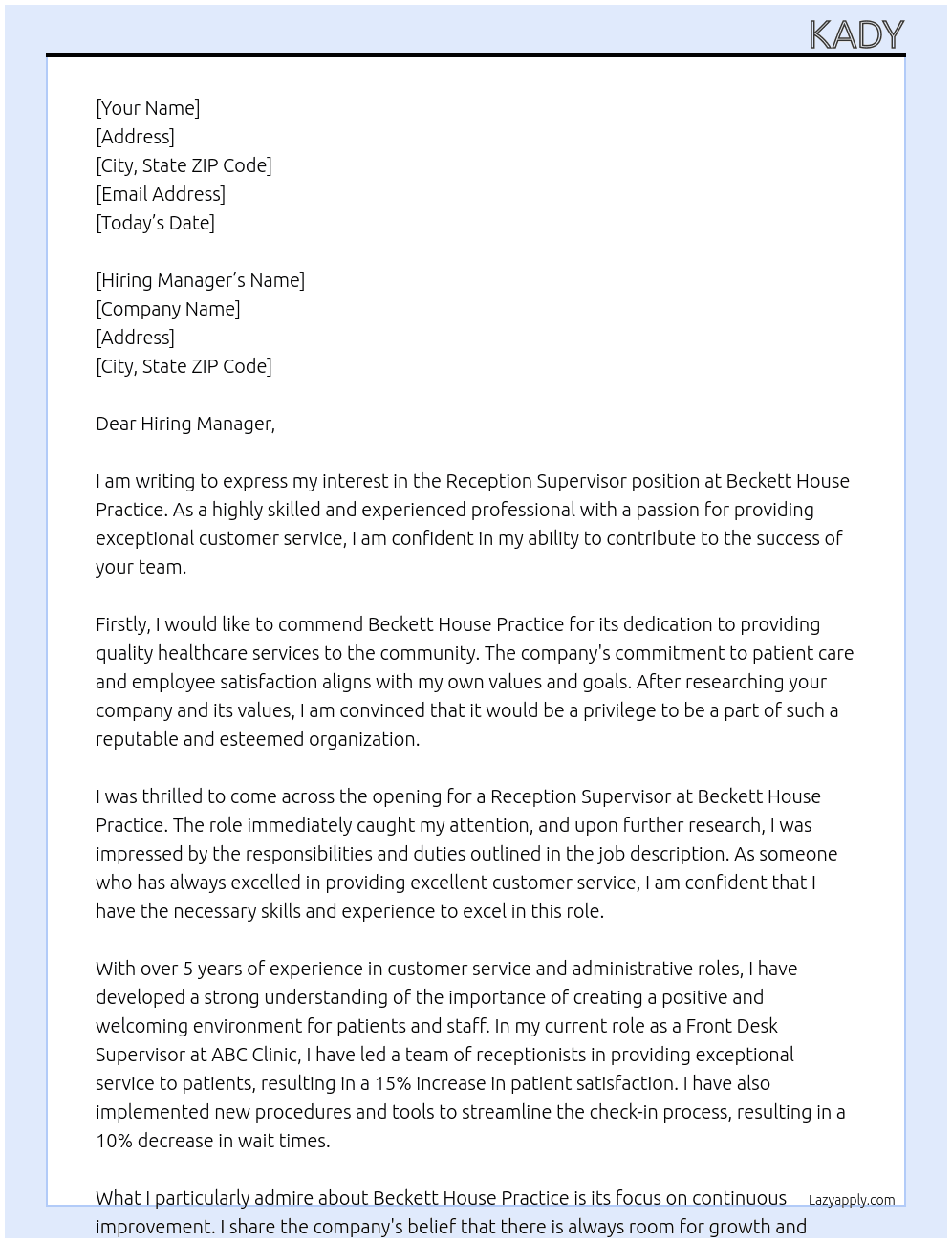 Reception Supervisor At Beckett House Practice Cover Letter