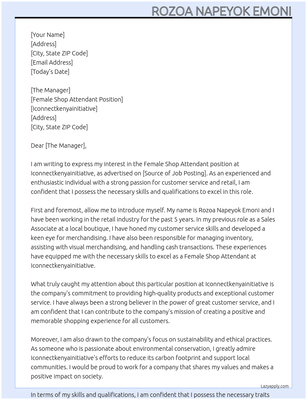 FEMALE SHOP ATTENDANT At iconnectkenyainitiative Cover Letter