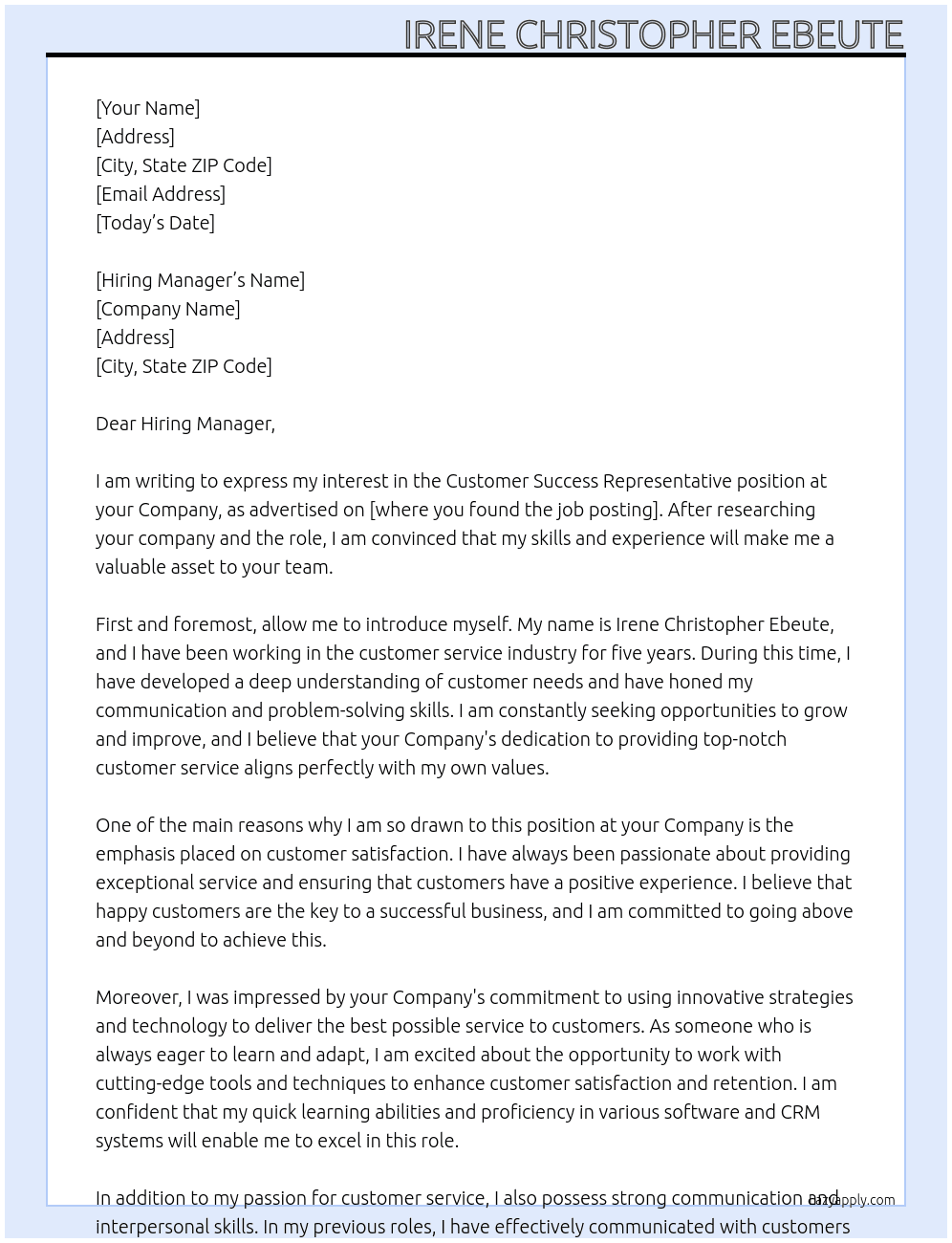 Customer Success Representative  At your Company Cover Letter