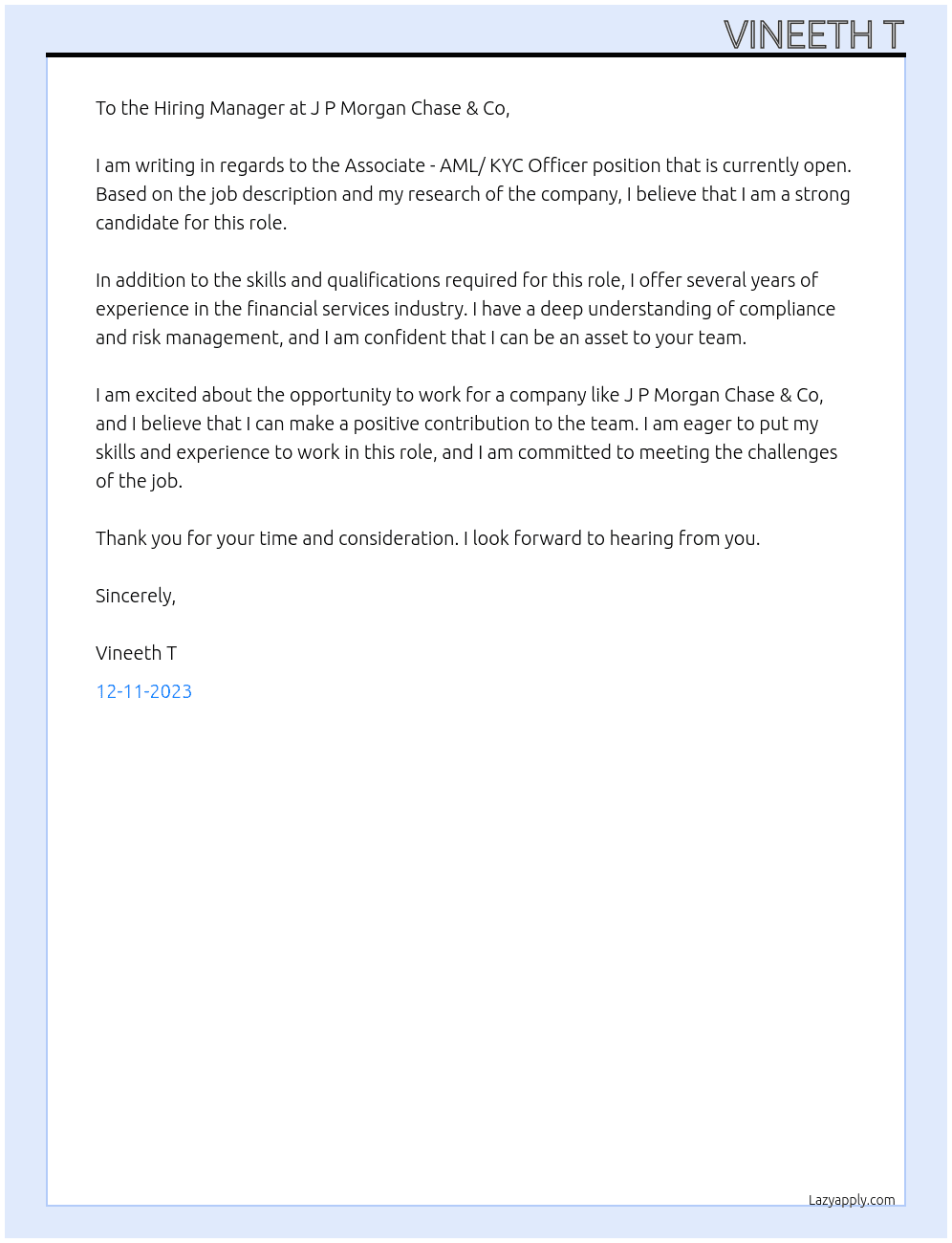 Associate - AML/ KYC Officer At J P MORGAN CHASE & Co Cover Letter