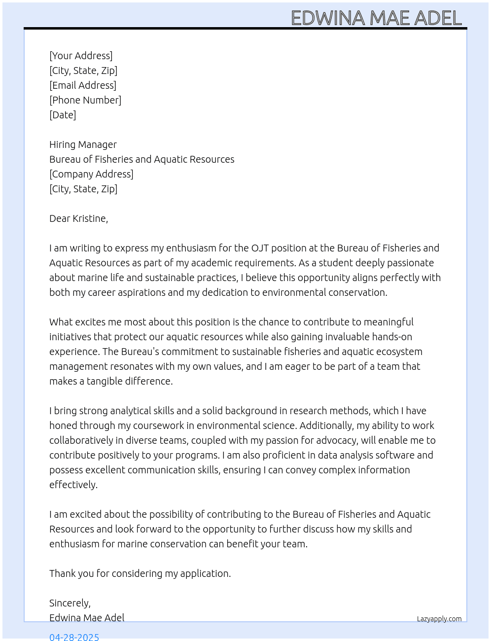Ojt as an academic requirements  At Bureau of fisheries and aquatic  Cover Letter