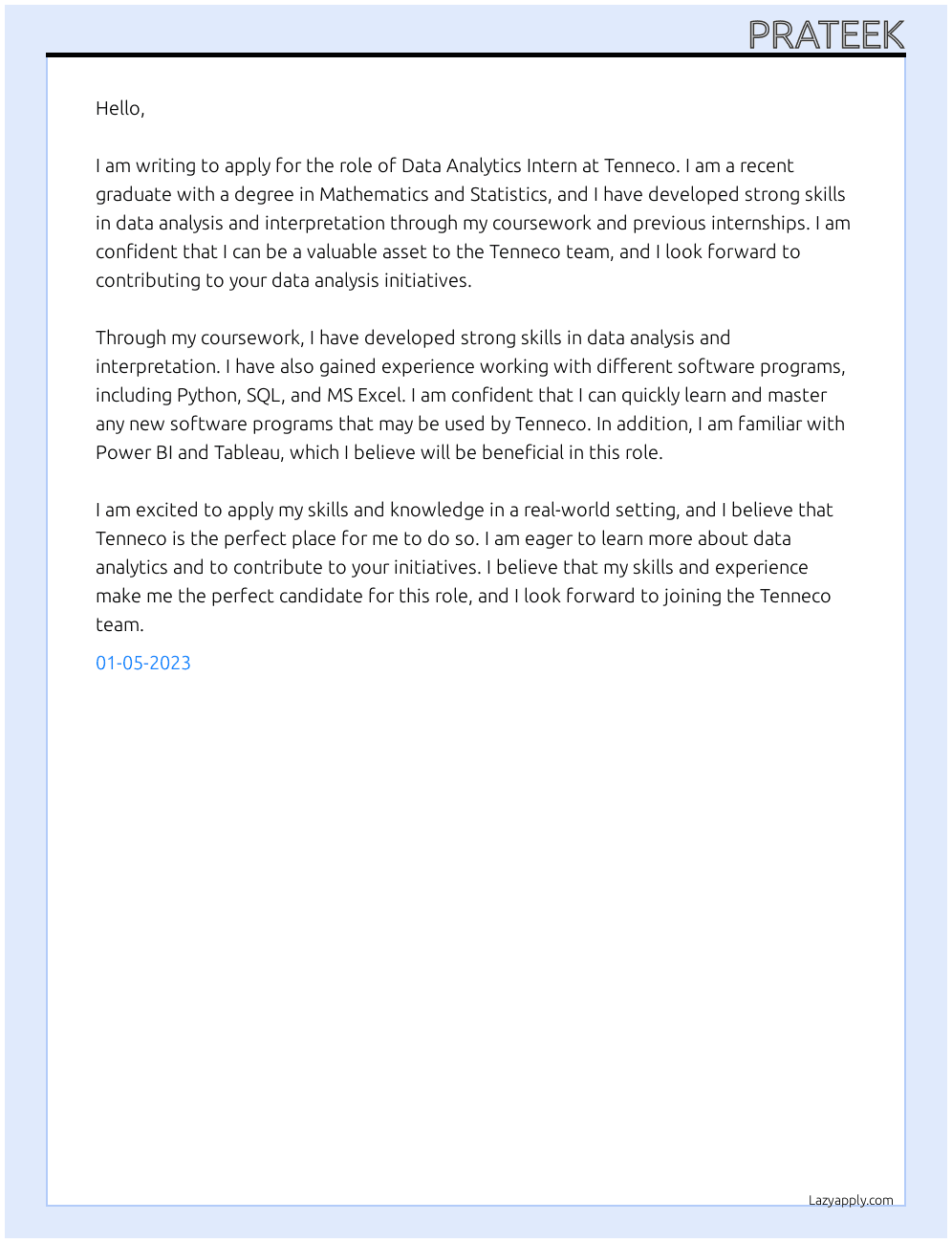 Data Analytics Intern At Tenneco Cover Letter