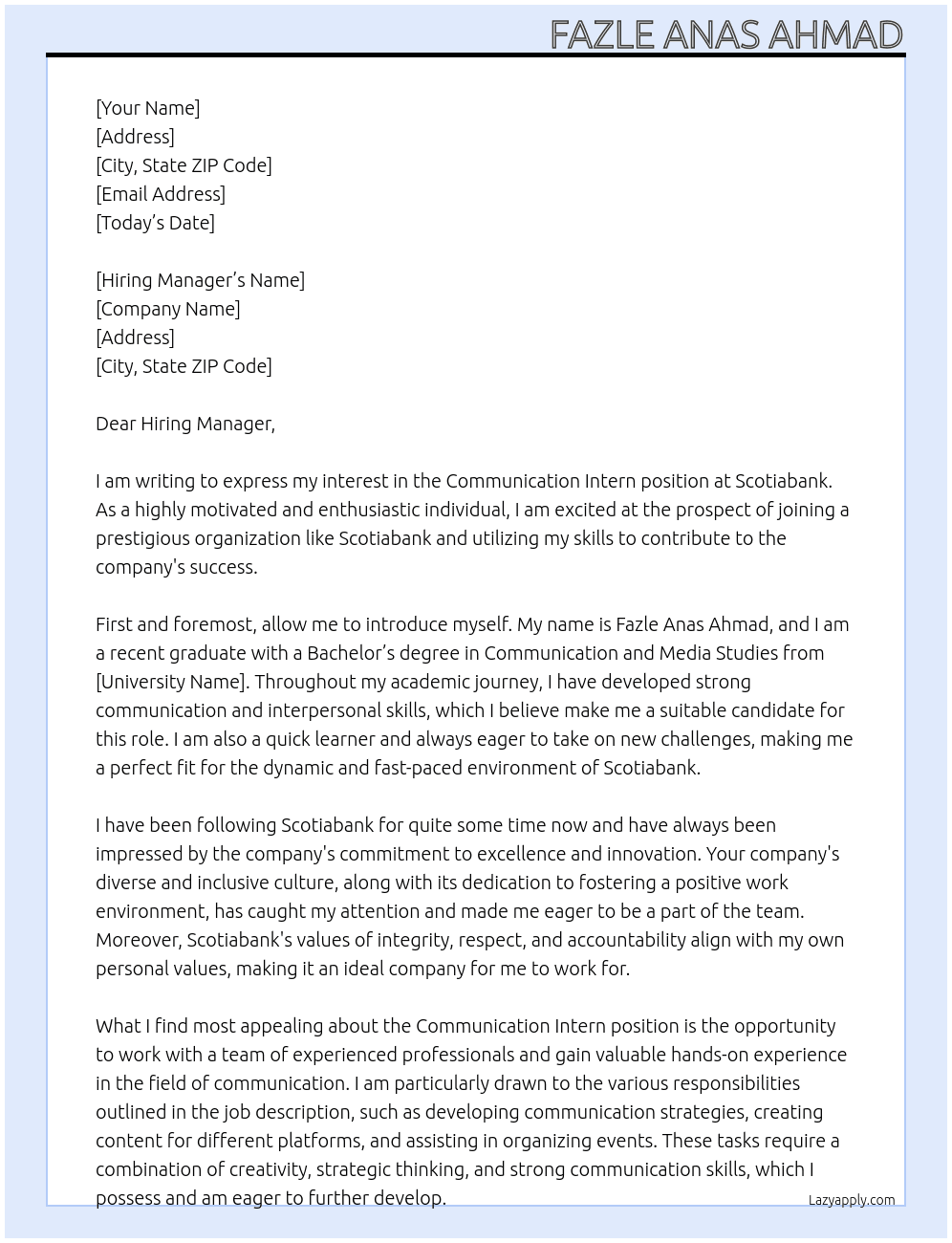 communication  intern At Scotiabank Cover Letter