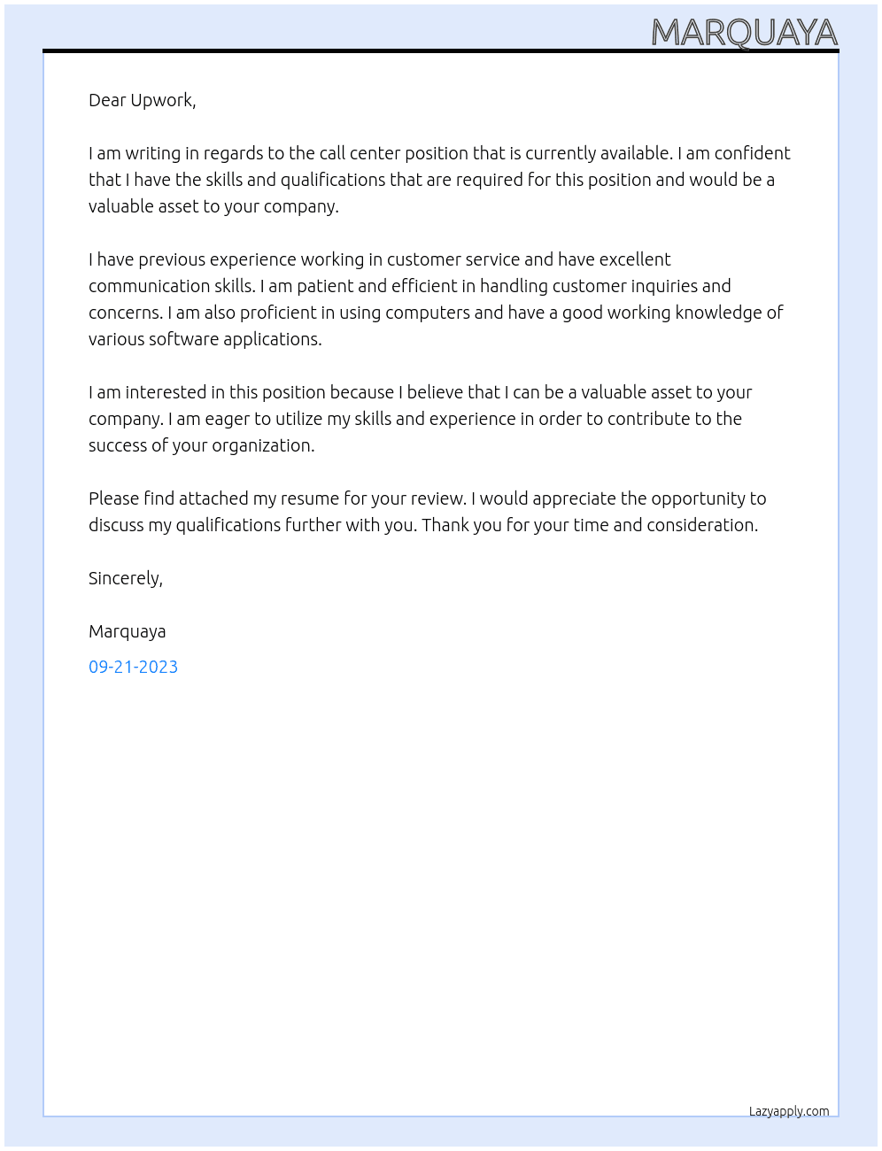 Call center  At Upwork Cover Letter
