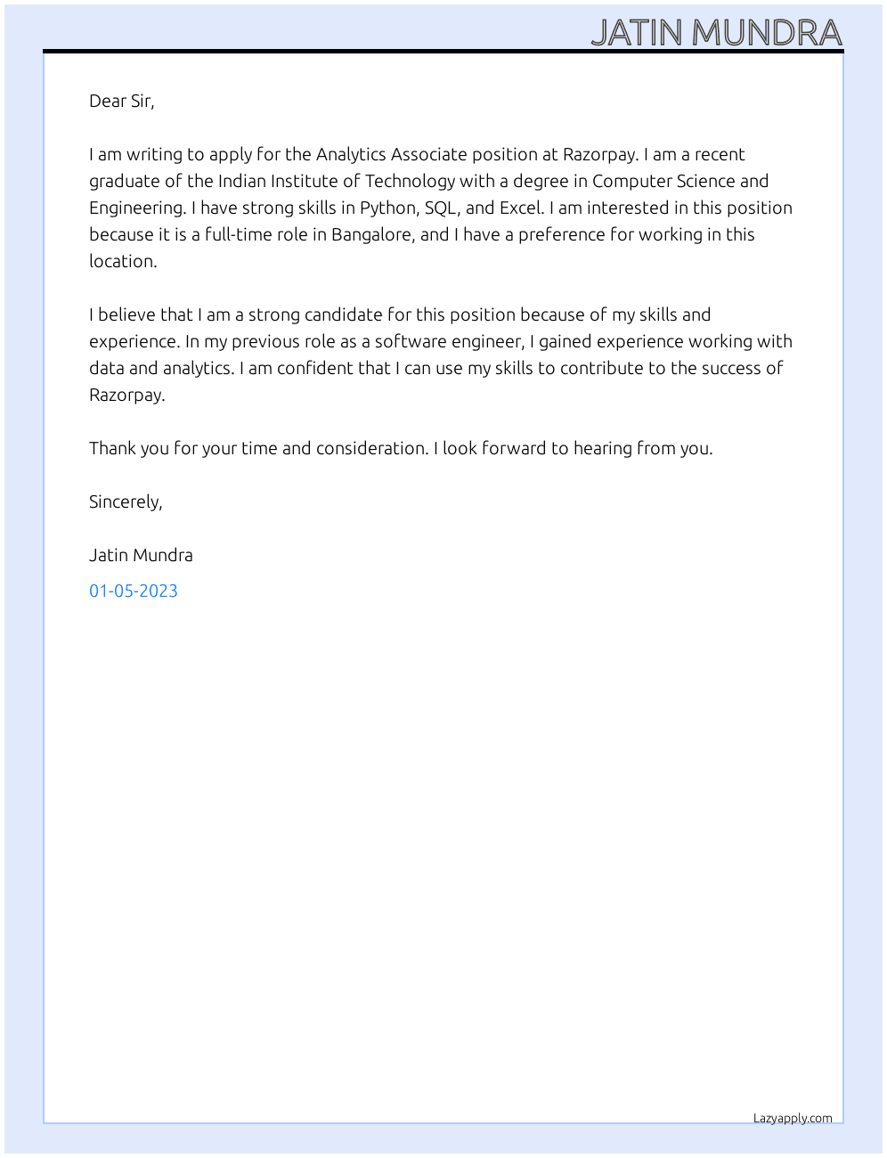 Analytics Associate  At Razorpay  Cover Letter
