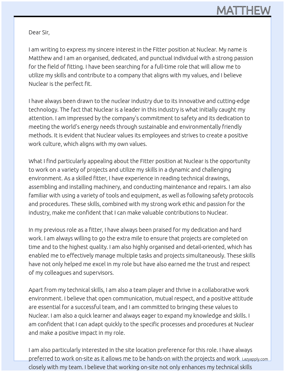 Fitter At Nuclear  Cover Letter