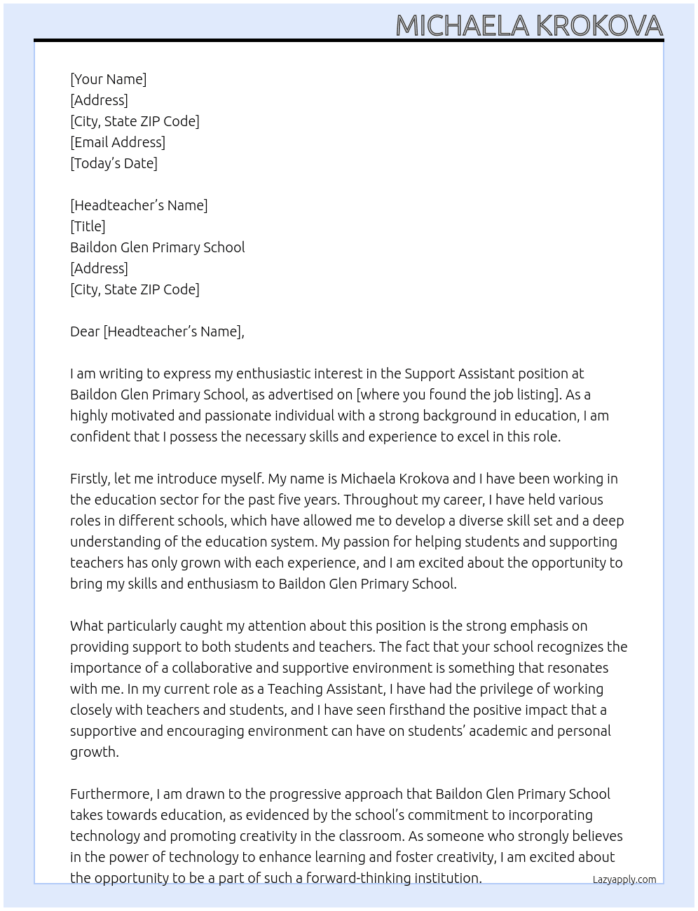 support assistant At baildon glen primary school Cover Letter