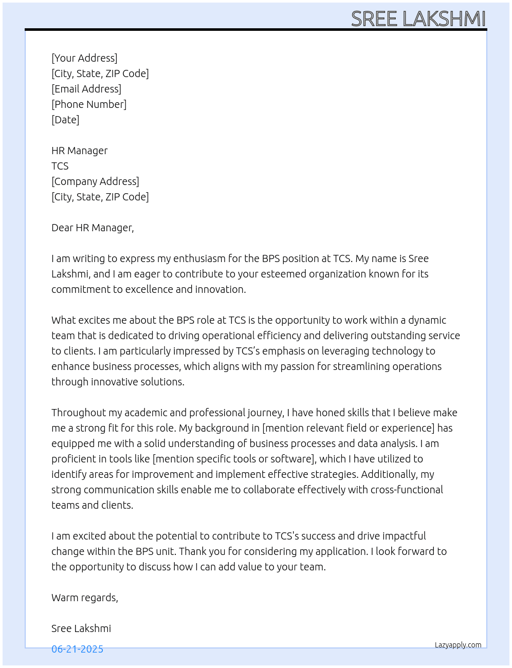 Cover letter for bps - LazyApply