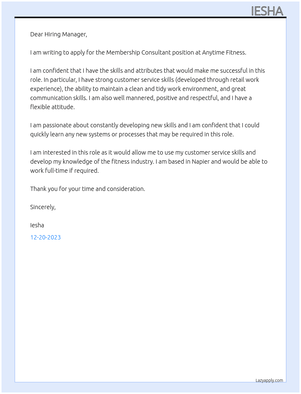 Membership Consultant At Anytime Fitness Cover Letter