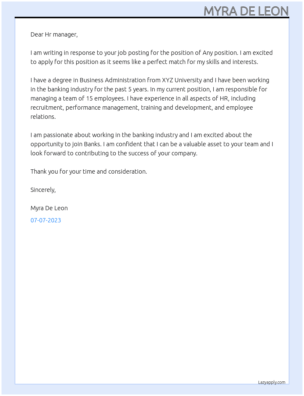 Any position At Banks Cover Letter
