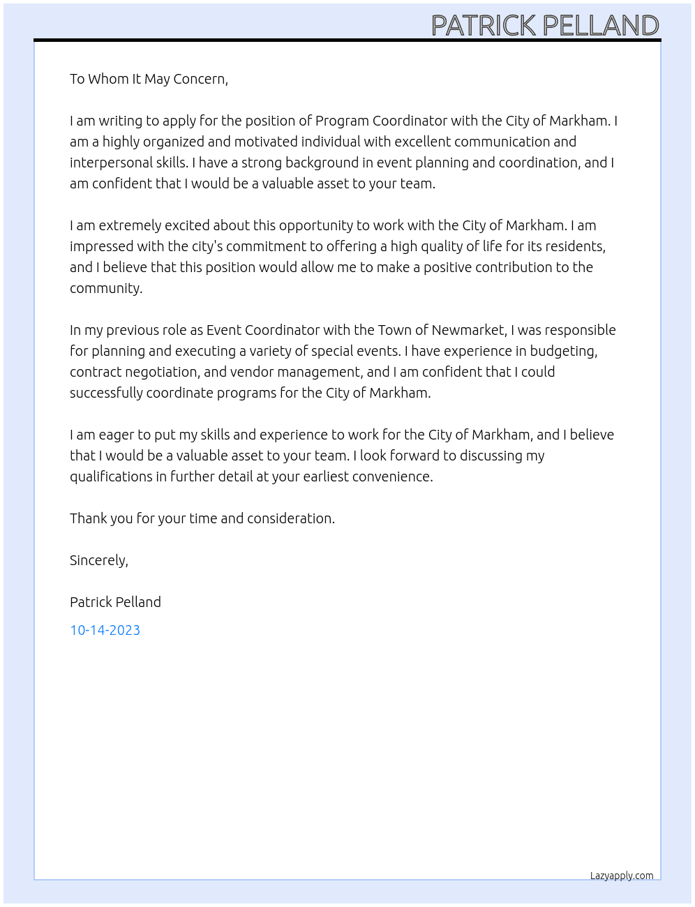 program coordinator At City of Markham Cover Letter