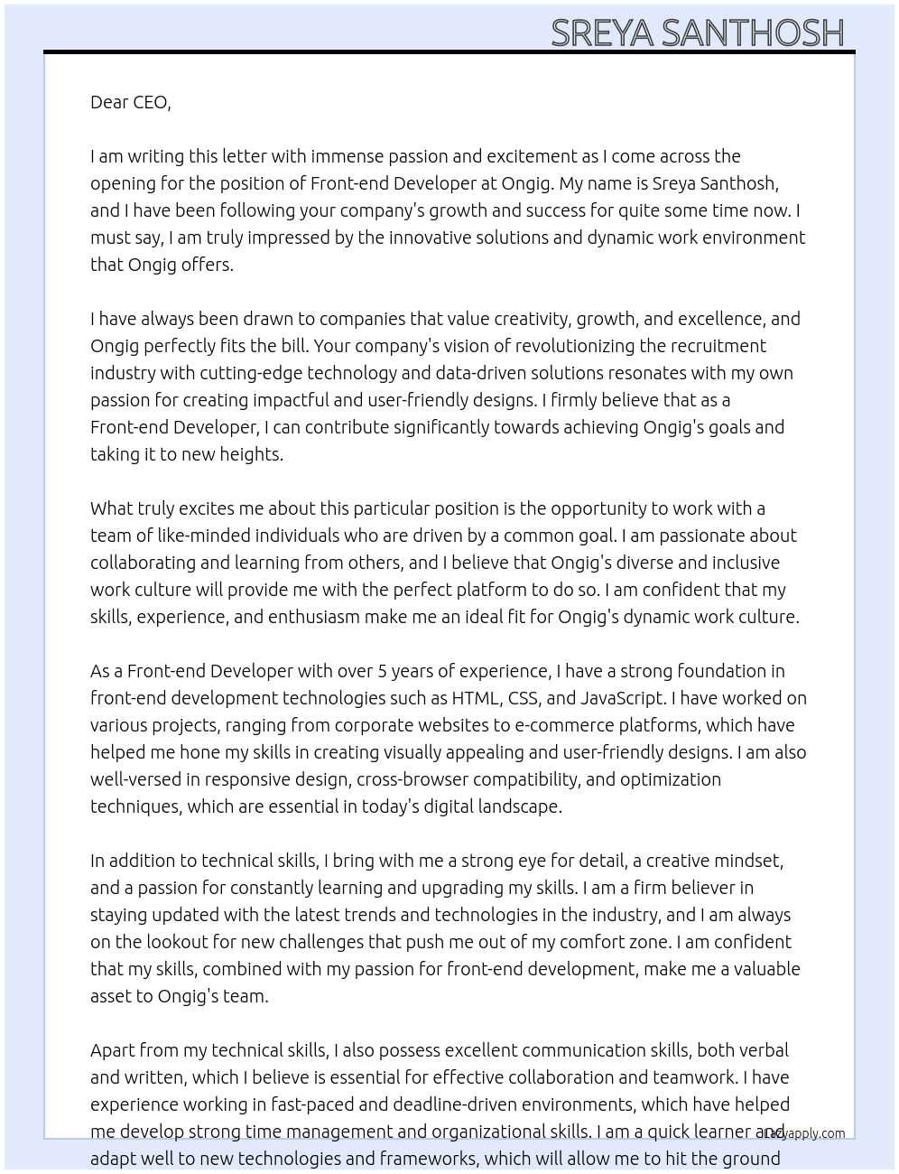 Front-end developer At Ongig Cover Letter