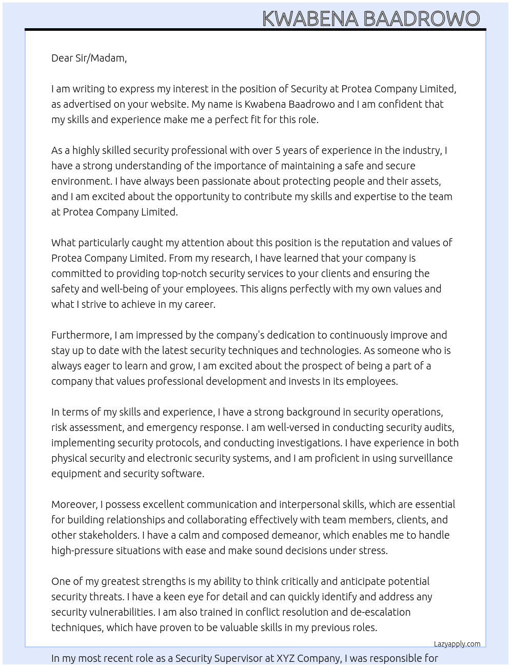 SECURITY At protea company company limited Cover Letter
