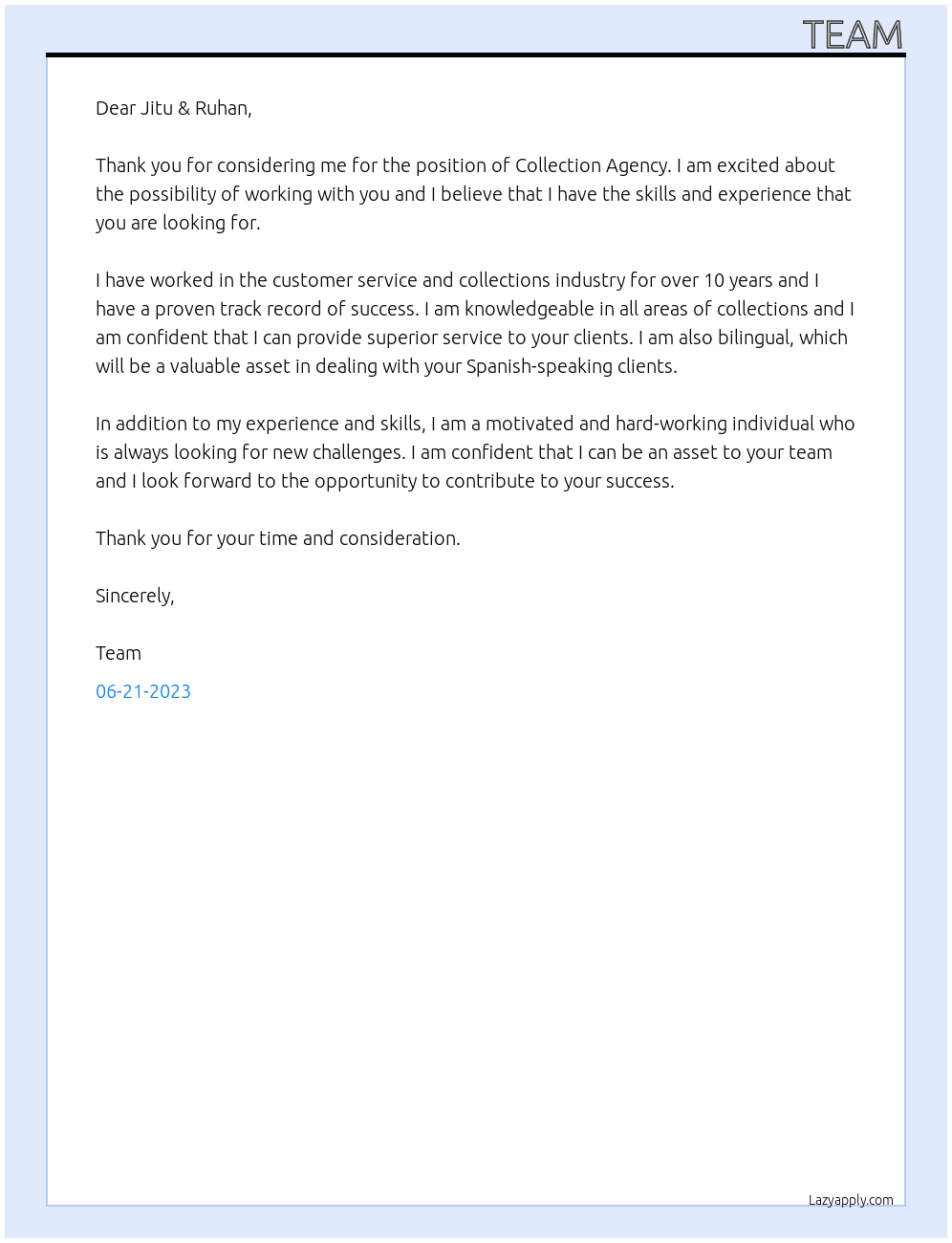 Collection Agency  At Collection Cover Letter
