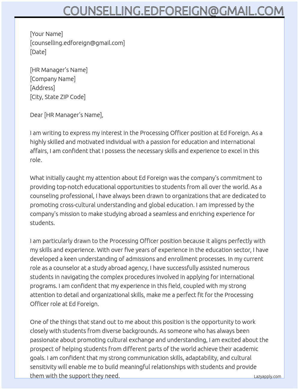 Processing Officer At Ed Foreign Cover Letter