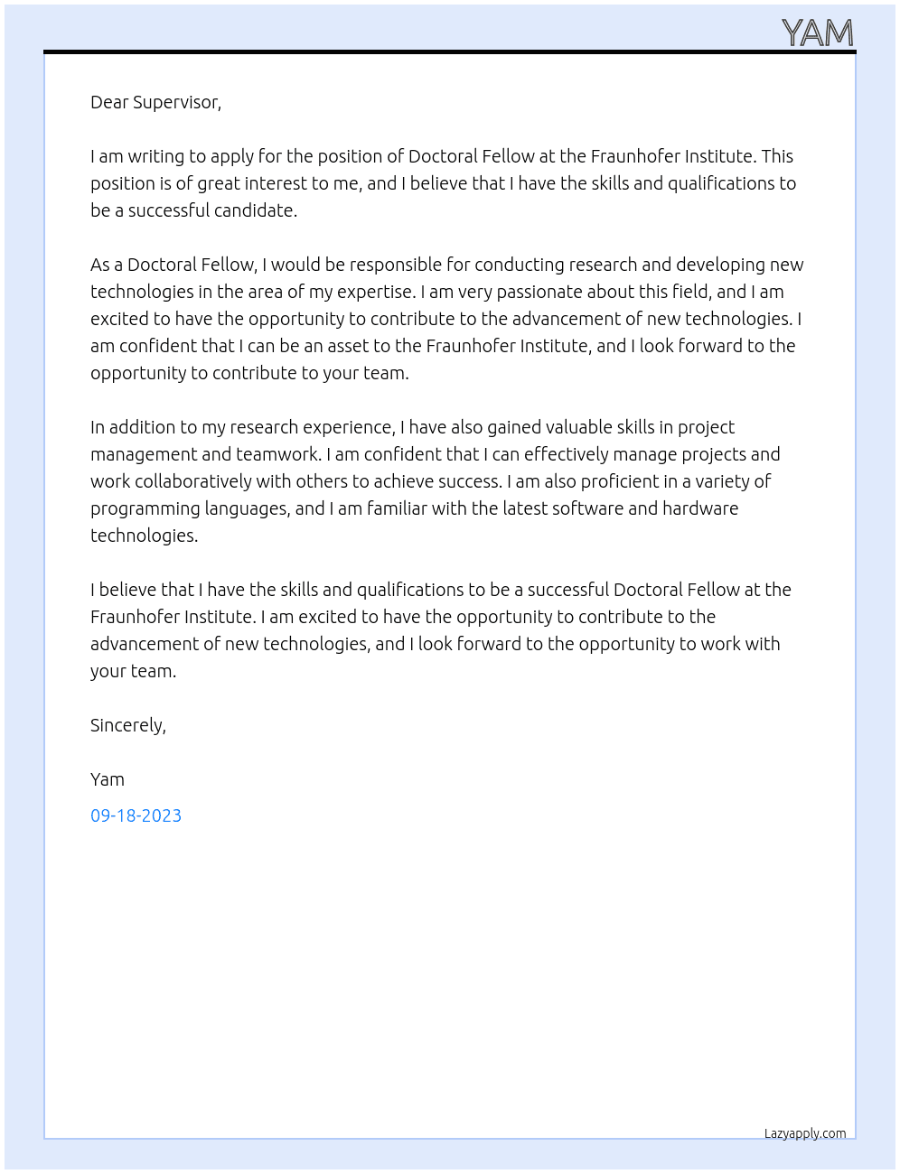 Doctoral Fellow At Fraunhofer Institute Cover Letter