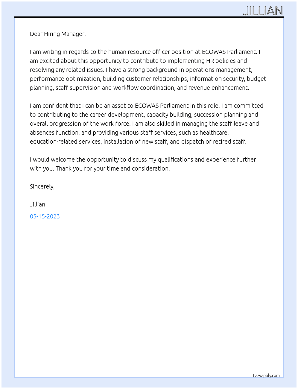 human resource officer At ECOWAS PARLIMENT Cover Letter