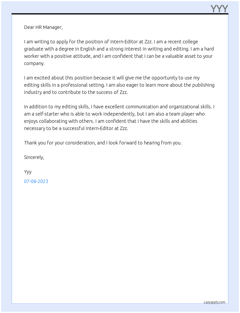 Intern-Editor At Zzz Cover Letter