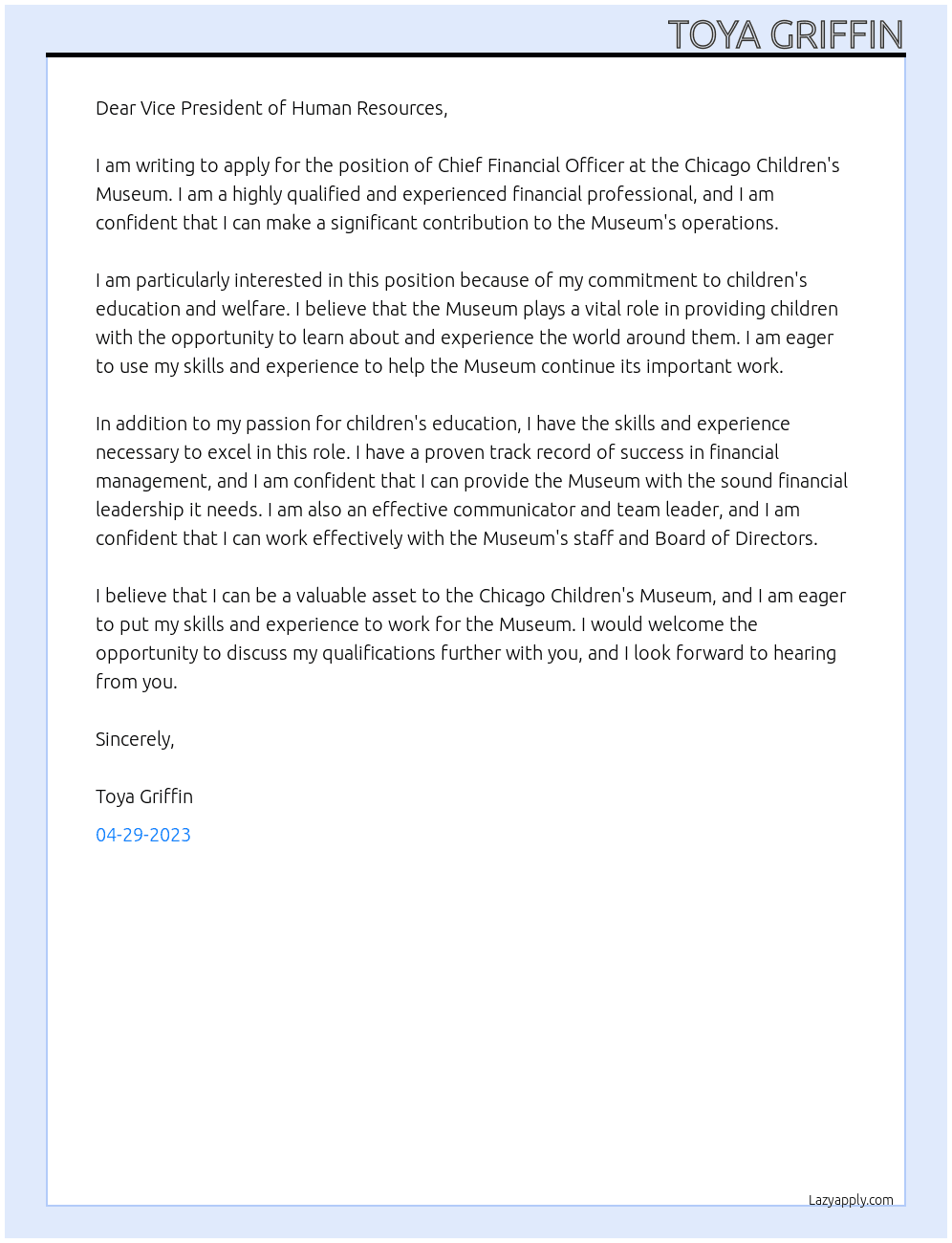 Chief financial Officer At Chicago Children's Museum Cover Letter