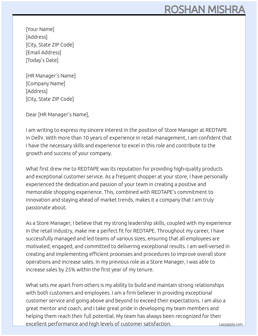 manger At REDTAPE Cover Letter