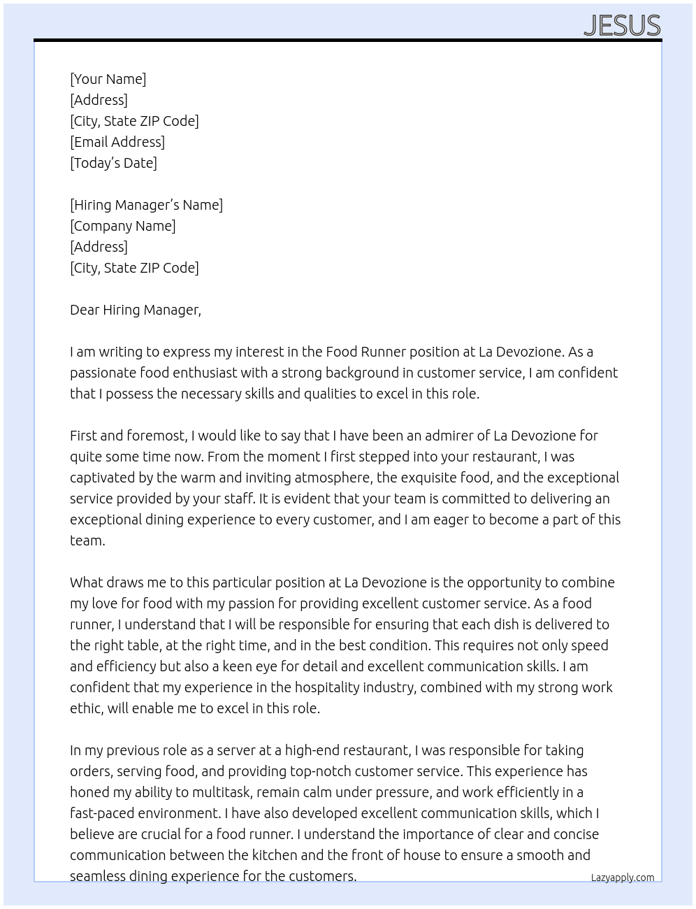 Food Runner At La Devozione Cover Letter