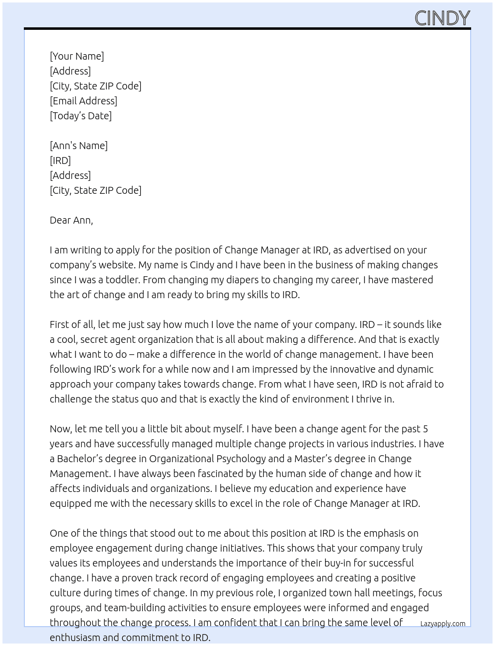change manager At ird Cover Letter